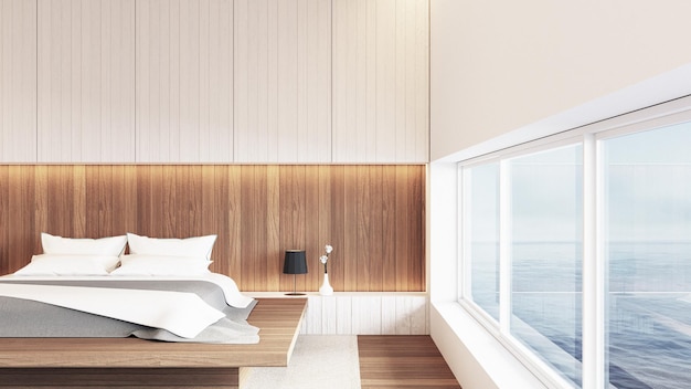 Moderna camera da letto di lusso vista mare rendering 3D