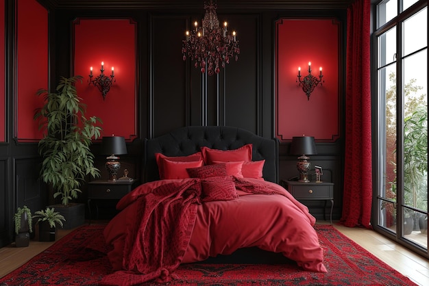 Moderna camera da letto elegante in nero e rosso in stile classico