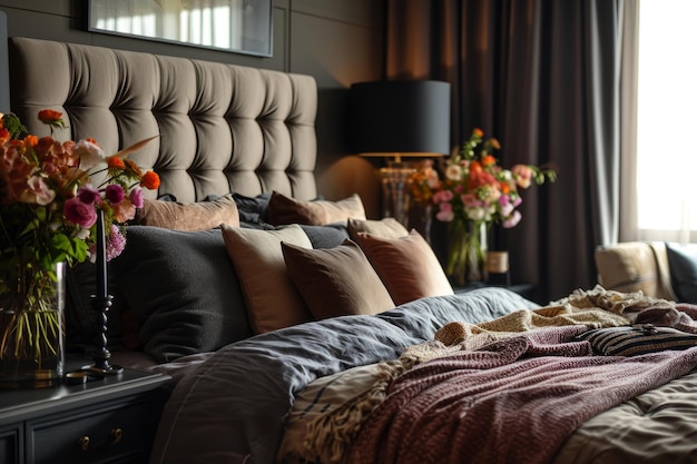 Moderna camera da letto elegante in stile nordico Lettiera e mobili in colori profondi e fiori in vasi AI generativa