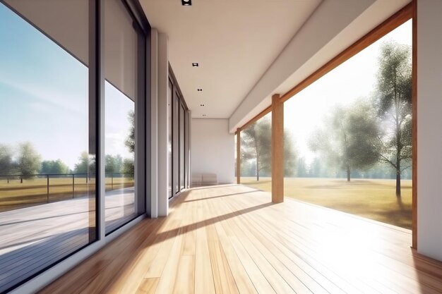 Moderna camera interna parete design vuoto finestra legno all'interno luce bianca AI generativa