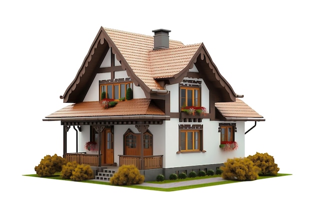 Moderna casa a due piani o cottage isolata su uno sfondo bianco Disegno classico Elemento ipotecario per il design