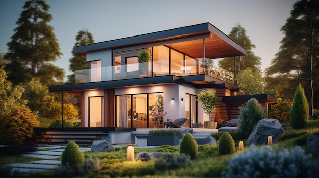 Moderna casa bilivello con tetto angolare e balcone IA generativa