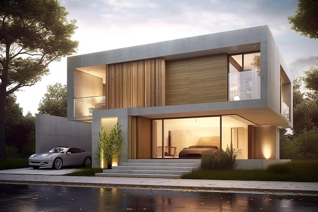 Moderna casa contemporanea realistica in legno e cemento