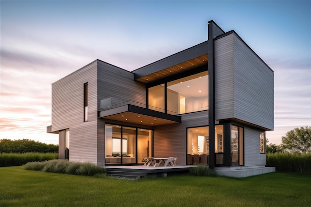 Moderna casa di Cape Cod con eleganti elementi di design minimalista esterno e grandi finestre generative AI