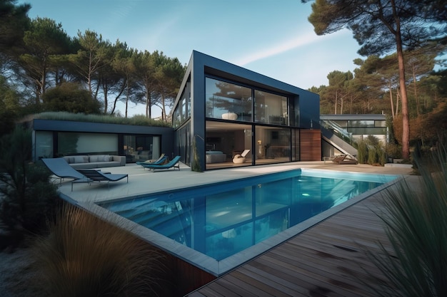 Moderna casa di lusso con piscina e giardino all'ora blu generativa ai