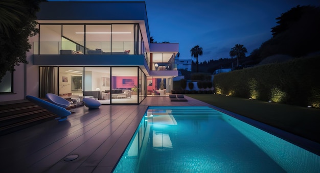 Moderna casa di lusso con piscina e giardino all'ora blu generativa ai