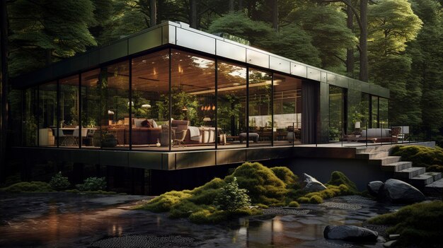 Moderna casa di vetro in una foresta con un ruscello circondato da lussureggiante vegetazione e rocce naturali