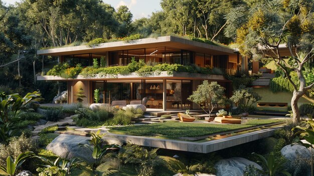 Moderna casa eco-friendly esteriore con paesaggio verde