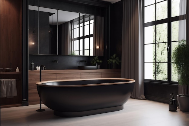 Moderna casa in marmo bagno di lusso vasca interna mobili di design in legno nero AI generativa