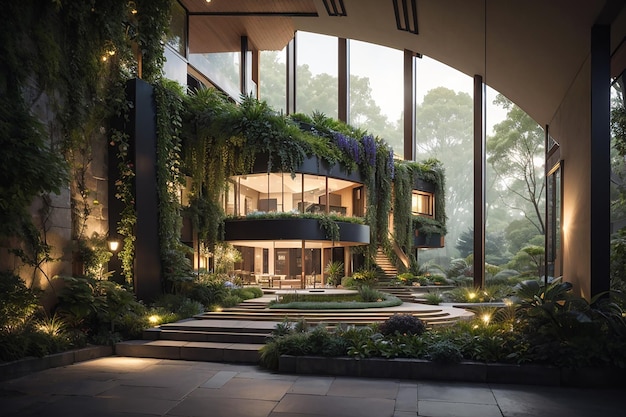 Moderna casa residenziale di lusso con giardino verde e architettura modernista