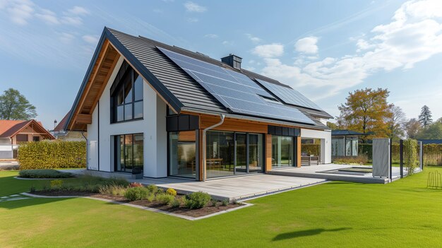 Moderna casa sostenibile con pannelli solari sul tetto e giardino lussureggiante alla luce del giorno