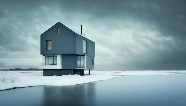 Moderna casa sul lago nella neve in mezzo al nulla IA generativa