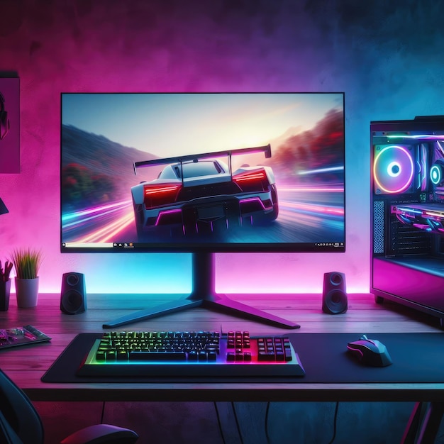 moderna configurazione di gioco futuristica con illuminazione RGB illuminata fase di prestazione dell'attrezzatura tecnologica