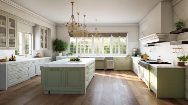 Moderna cucina spaziosa americana classica europea una combinazione alla moda di colori bianco e pistacchio