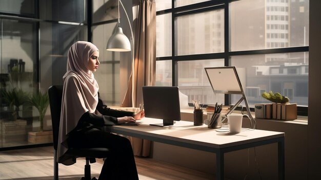 Moderna donna musulmana in hijab in un ufficio RoomAi