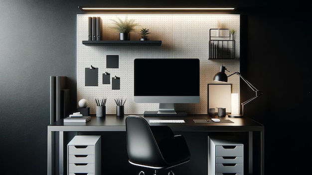 Moderna e elegante configurazione della scrivania dell'ufficio modello di computer su un tavolo elegante contro una parete nera