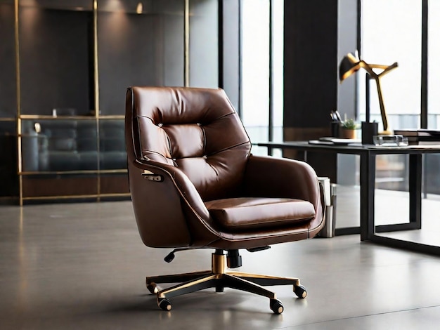 Moderna e lussuosa comoda sedia da ufficio in pelle sullo sfondo della stanza da ufficio