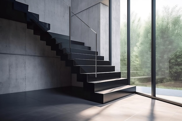 Moderna ed elegante scala di atterraggio per scale in pietra di cemento nero a forma di U con finestra in vetro temperato