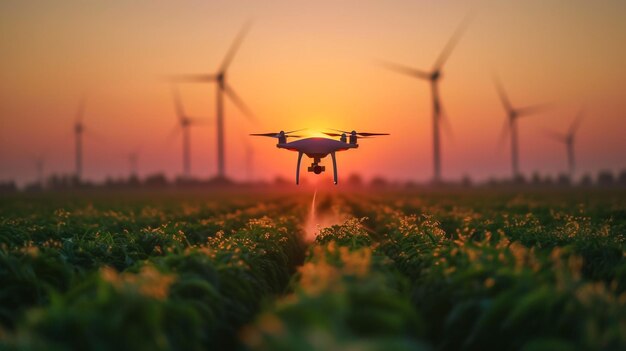 Moderna fattoria intelligente con drone Agricoltura drone volare per spruzzare fertilizzante sui campi di riso.