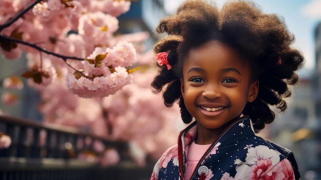 Moderna felice giovane donna africana dalla pelle scura sullo sfondo di fiori di ciliegio rosa e metropoli