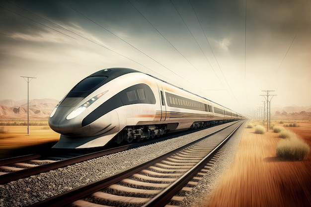 Moderna ferrovia ad alta velocità con treni eleganti e aerodinamici che sfrecciano oltre il paesaggio