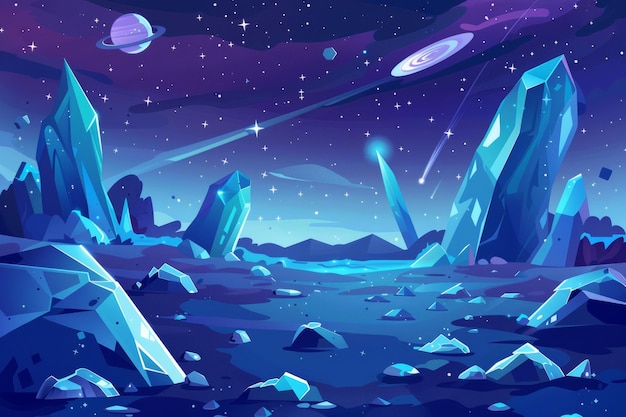 Moderna illustrazione fantastica di cartoni animati del cosmo e della superficie di pianeti alieni con rocce cristalli blu luccicanti satelliti e stelle nel cielo notturno