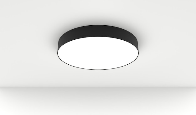 Moderna lampada da soffitto rotonda elegante luce elettrica a sospensione rendering 3d Stanza interna realistica con lampadario a cilindro in metallo nero per la casa o l'ufficio su sfondo bianco della parete