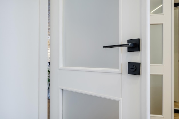 Moderna maniglia nera su porta di legno bianca all'interno Elementi di primo piano della manopola Raccordi della maniglia della porta per l'interior design