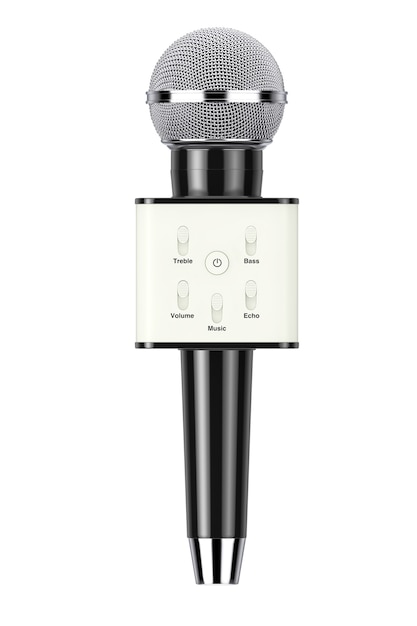 Moderna personale Vocal Cordless Radio Wireless Karaoke microfono con altoparlante e controlli audio su sfondo bianco. Rendering 3D