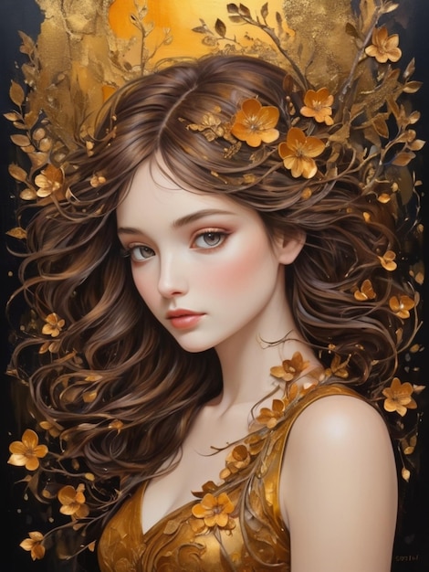 Moderna pittura acrilica di un ramo di fiori di ambra profondo