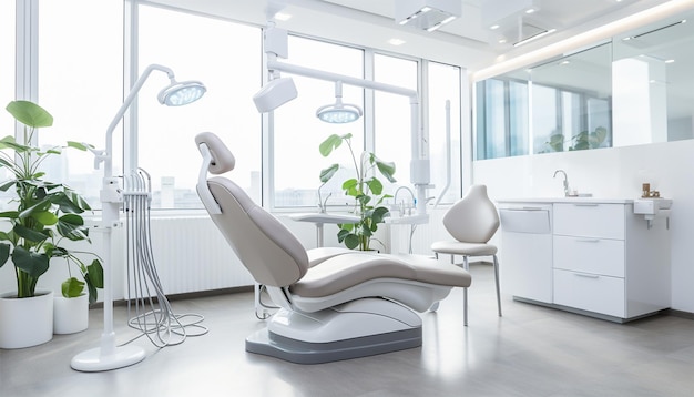 Moderna pratica dentale interno bianco brillante odontoiatra stanza ufficio diversi strumenti dentali e