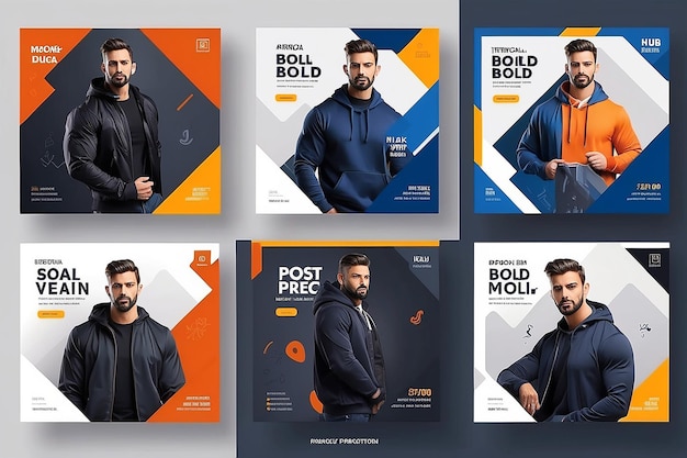 Moderna promozione del prodotto elegante attivo e maschile audace instagram social media post template set mockup