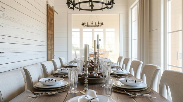 Moderna sala da pranzo in fattoria con posizioni interno in fattoria Generative Ai