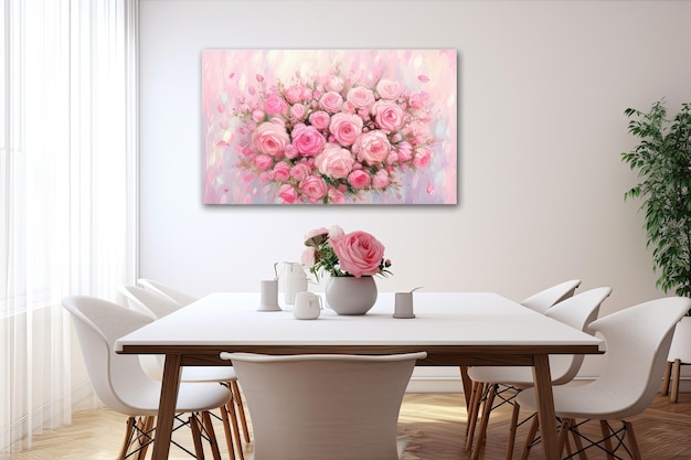 moderna sala da pranzo interior design con fiori 3d rendering mock up petali collezione di rose rose rosa vaso tavolo preferito sfocato alto grande tela fiori selvatici australiani AI generato