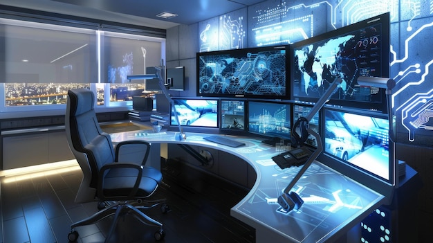 Moderna sala di controllo ad alta tecnologia con più monitor computer che mostrano dati e mappe sedia vuota dell'operatore in primo piano