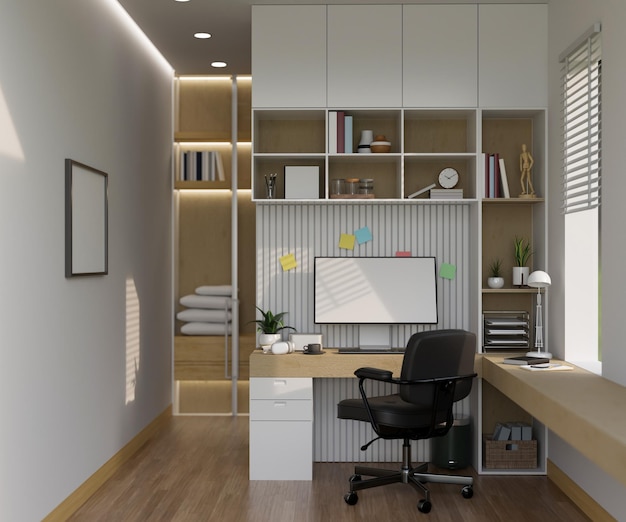 Moderna sala di lavoro domestica minimale con computer pc e combinazione di scaffali bianchi incorporati