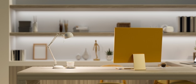 Moderna scrivania per computer di lusso nell'ufficio di casa con moderni scaffali incorporati e arredamento 3d rendering