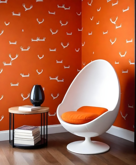Moderna sedia a forma d'uovo bianca con cuscino interno arancione in una stanza con motivi geometrici