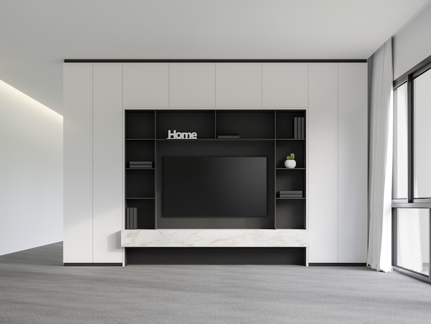 Moderna stanza vuota con sfondo minimalista tv 3d rende la stanza con pavimenti in moquette grigia