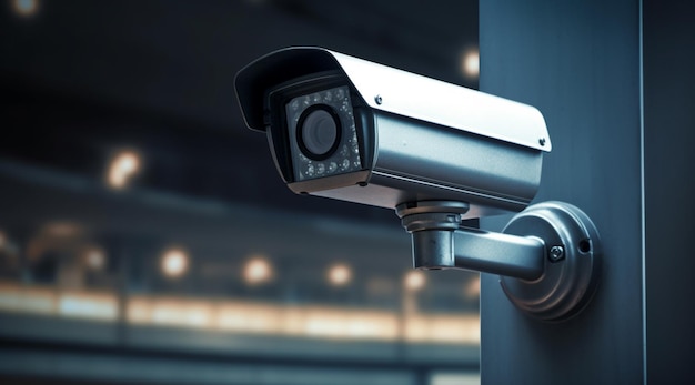 Moderna telecamera CCTV per il monitoraggio della sorveglianza e della sicurezza sul muro con lo sfondo del parcheggio