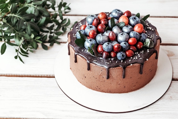 Moderna torta al cioccolato con frutti di bosco