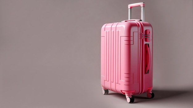 Moderna valigia rosa su ruote primo piano su sfondo grigio viaggio concetto copia spazio generativo AI