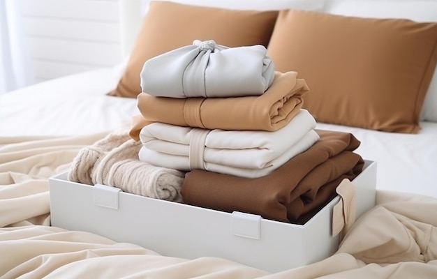 moderna valigia vuota aperta su un letto bianco su uno sfondo bianco della camera da letto