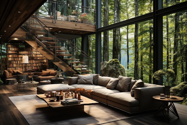moderna villa giapponese immersa in una lussureggiante foresta caratterizzata da ampie finestre che portano verso l'esterno