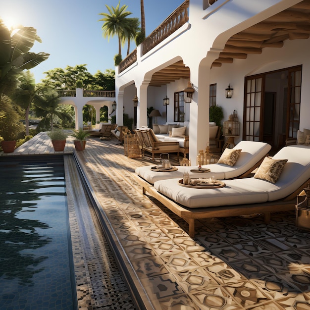 Moderna villa marocchina con piscina e posti a sedere all'aperto