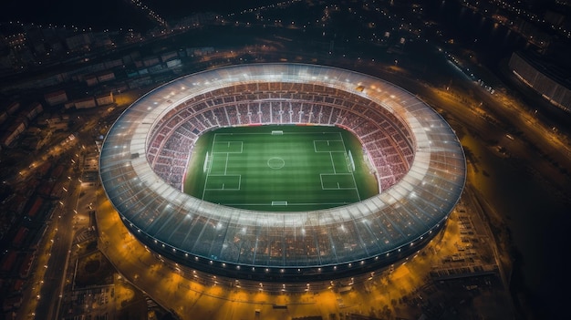 Moderna vista aerea dello stadio di calcio con una folla affollata luci luminose dello stadio