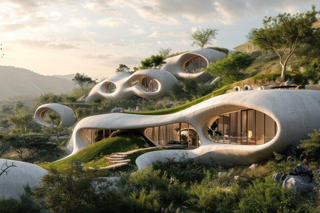 Moderne case ecologiche immerse in un verde lussureggiante con un design futuristico