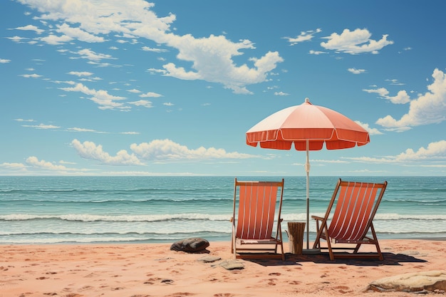 Moderne sedie da spiaggia con ombrello su una spiaggia di oceano di sabbia primo piano estremo IA generativa