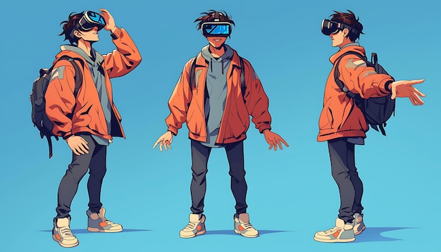 Moderni occhiali VR e tecnologia di cuffie per avventure di gioco piene di azione con scoperte colorate