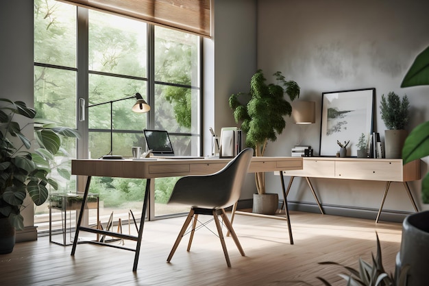 Modernista Home Office Interior Design con piante di luce naturale e mobili moderni per un prodotto